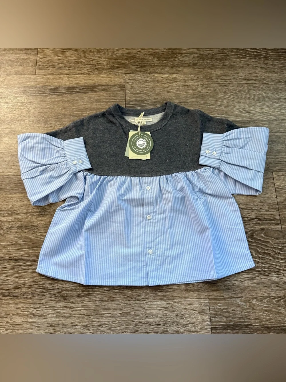 NWT The Sunday Collective Grey and Blue Stripe Blouse